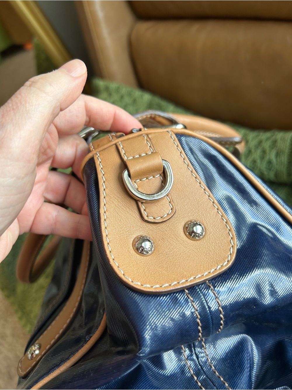 TOD’S Navy Patent Coated Canvas Satchel with Brown Leather Trim - Picture 9 of 16